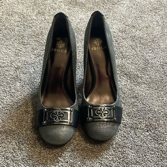 Isola Ricci Il Silver Cintoia Printed Leather Black Lux heels size 7 - Picture 1 of 13